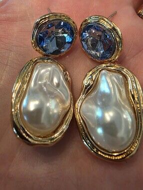 Faux Pearl & Blue Gem Earrings